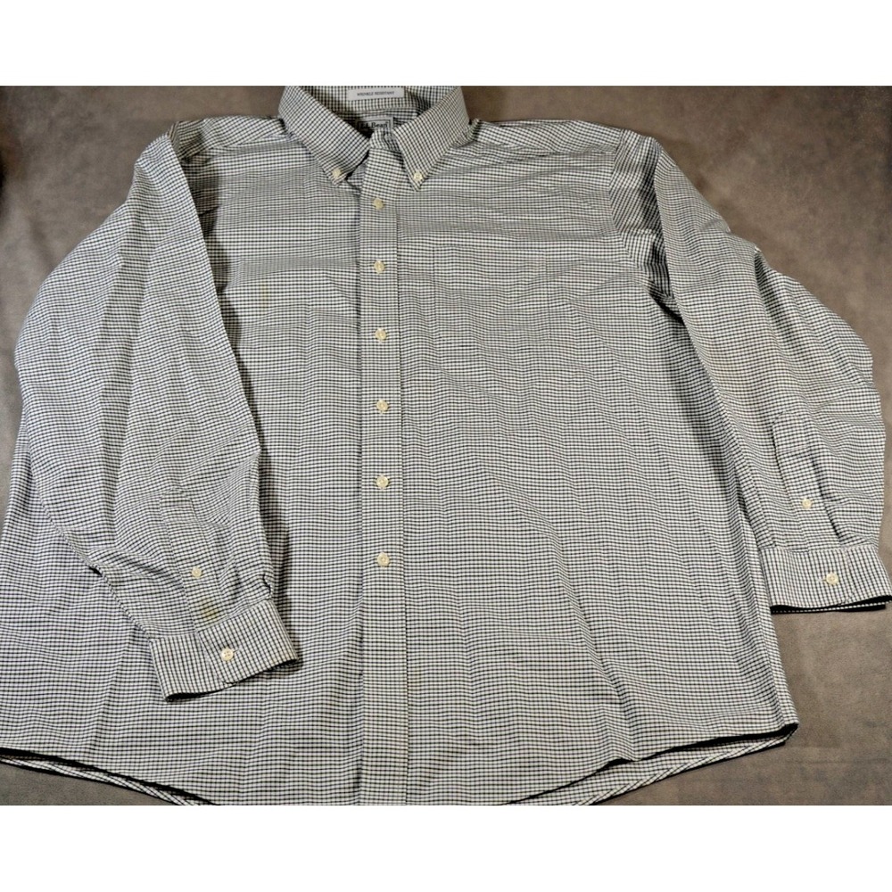 LL‎ Bean Shirt Men's  18-35 XXL Blue Green Check Button Down Cotton No Wrinkle
